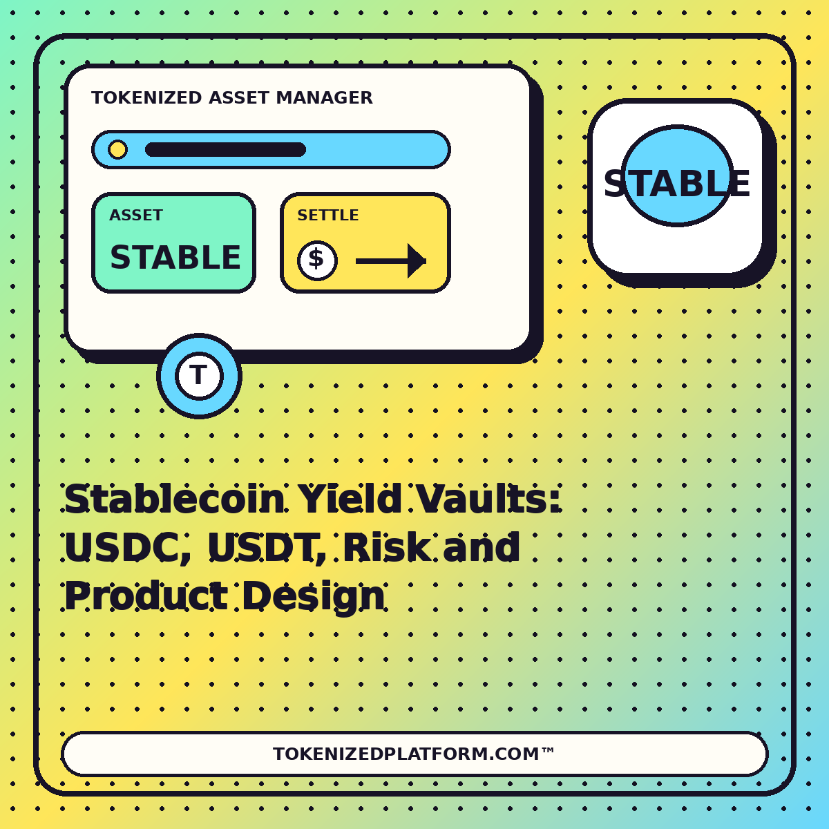 Stablecoin Yield Vaults: USDC, USDT, Risk and Product Design — neon tokenized asset manager illustration for TokenizedPlatform.com™
