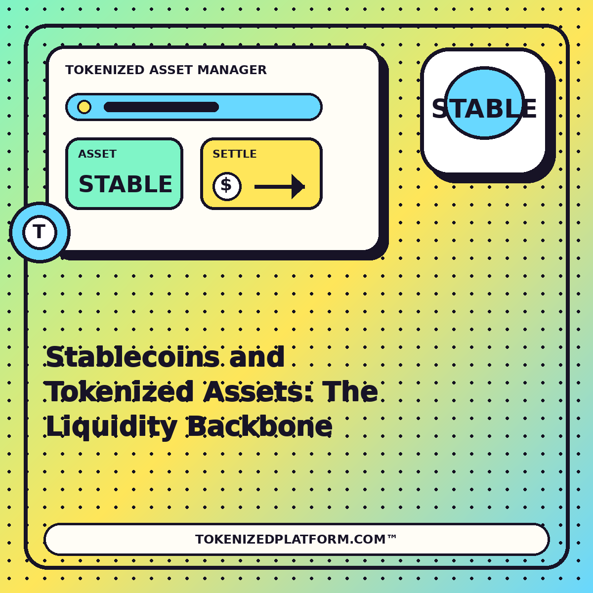 Stablecoins and Tokenized Assets: The Liquidity Backbone — neon tokenized asset manager illustration for TokenizedPlatform.com™