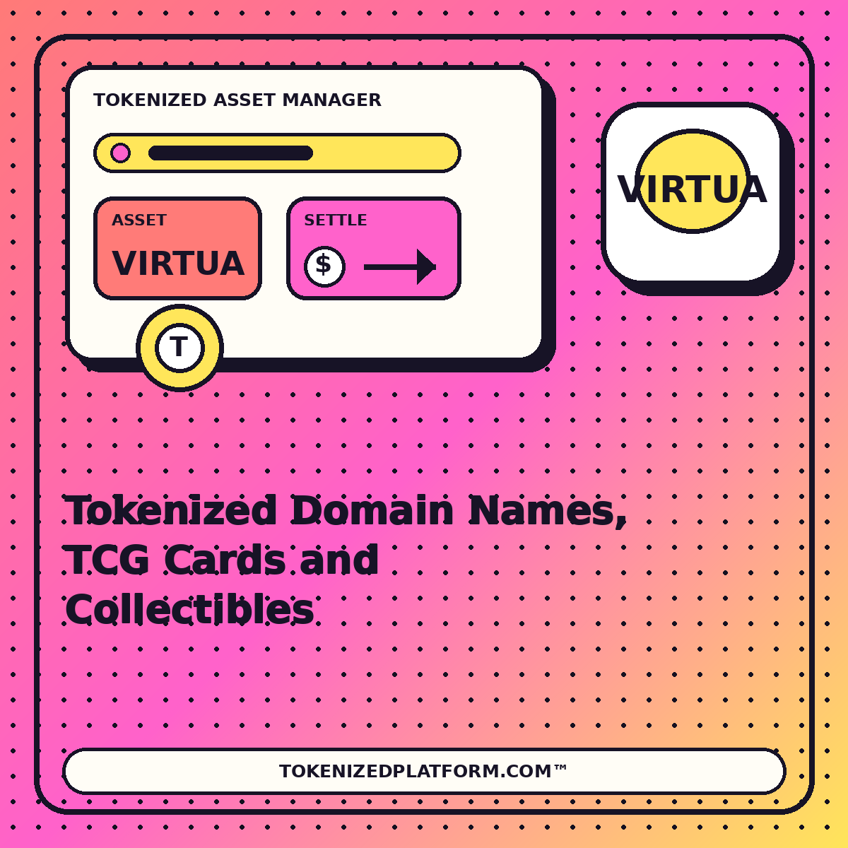 Tokenized Domain Names, TCG Cards and Collectibles — neon tokenized asset manager illustration for TokenizedPlatform.com™