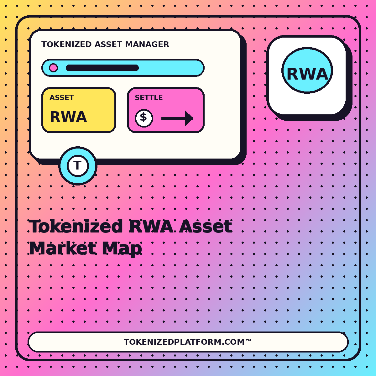 Neon tokenized RWA asset manager showing stocks, ETFs, gold and diamond market categories
